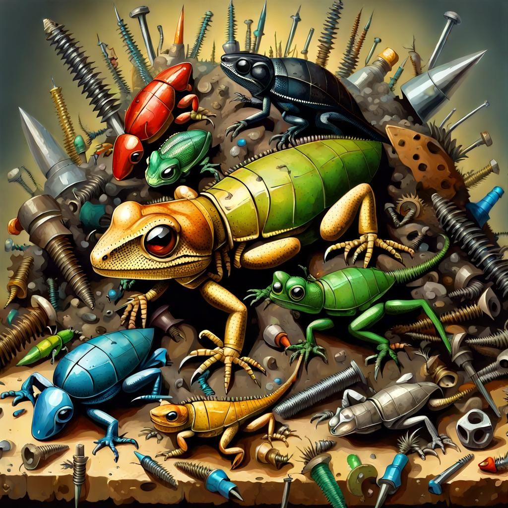 Lizards and and big colorfull beetles crawling between a hug...