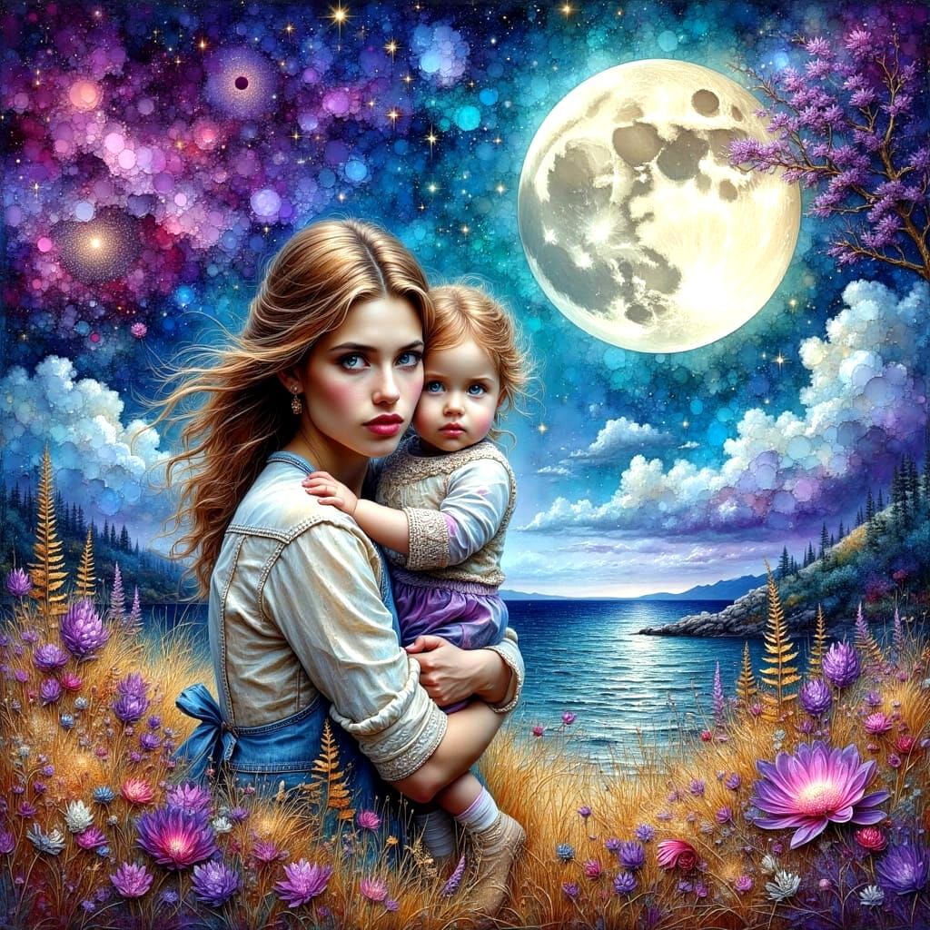 Watercolor Portrait: Mother and Daughter in Moonlight