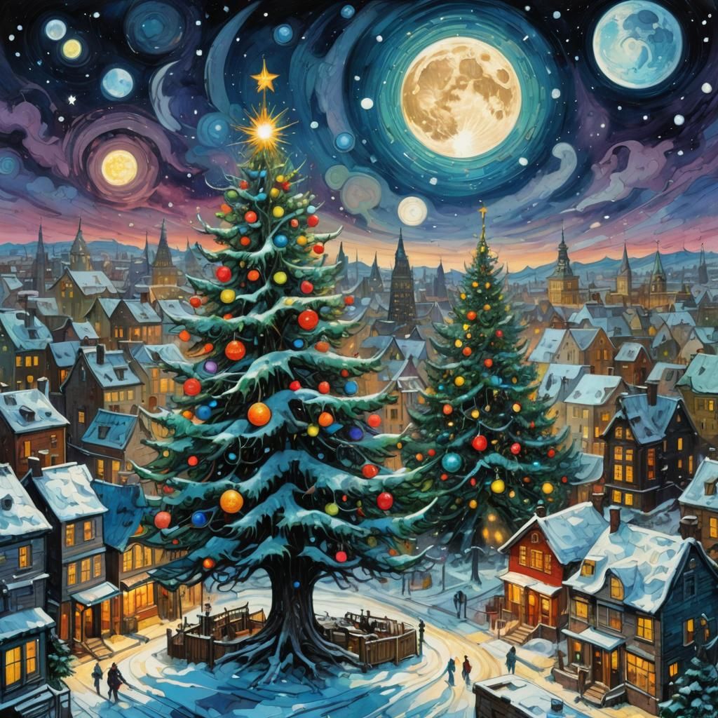 Vibrant Christmas Tree Illuminated by a Full Moon and Celest...