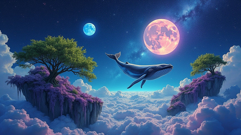 Surreal Floating Islands and Bioluminescent Whales in Space