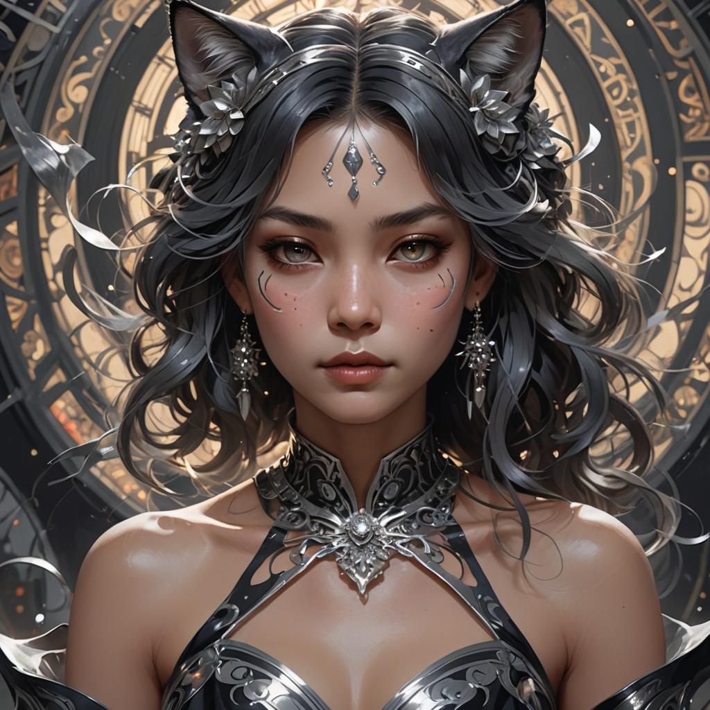 Nekomata Woman Portrait in Silver and Black Dress