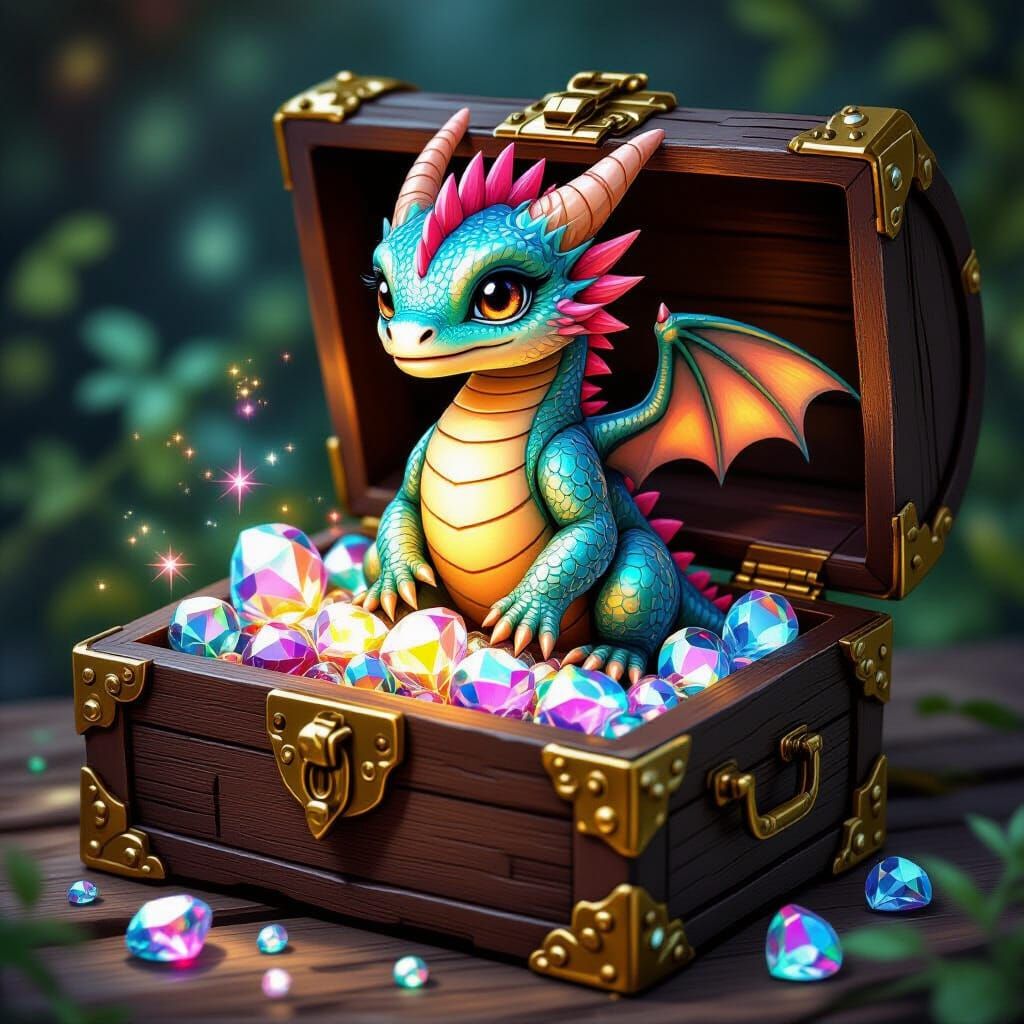 Miniature Dragon Hatchling on Glittering Gems