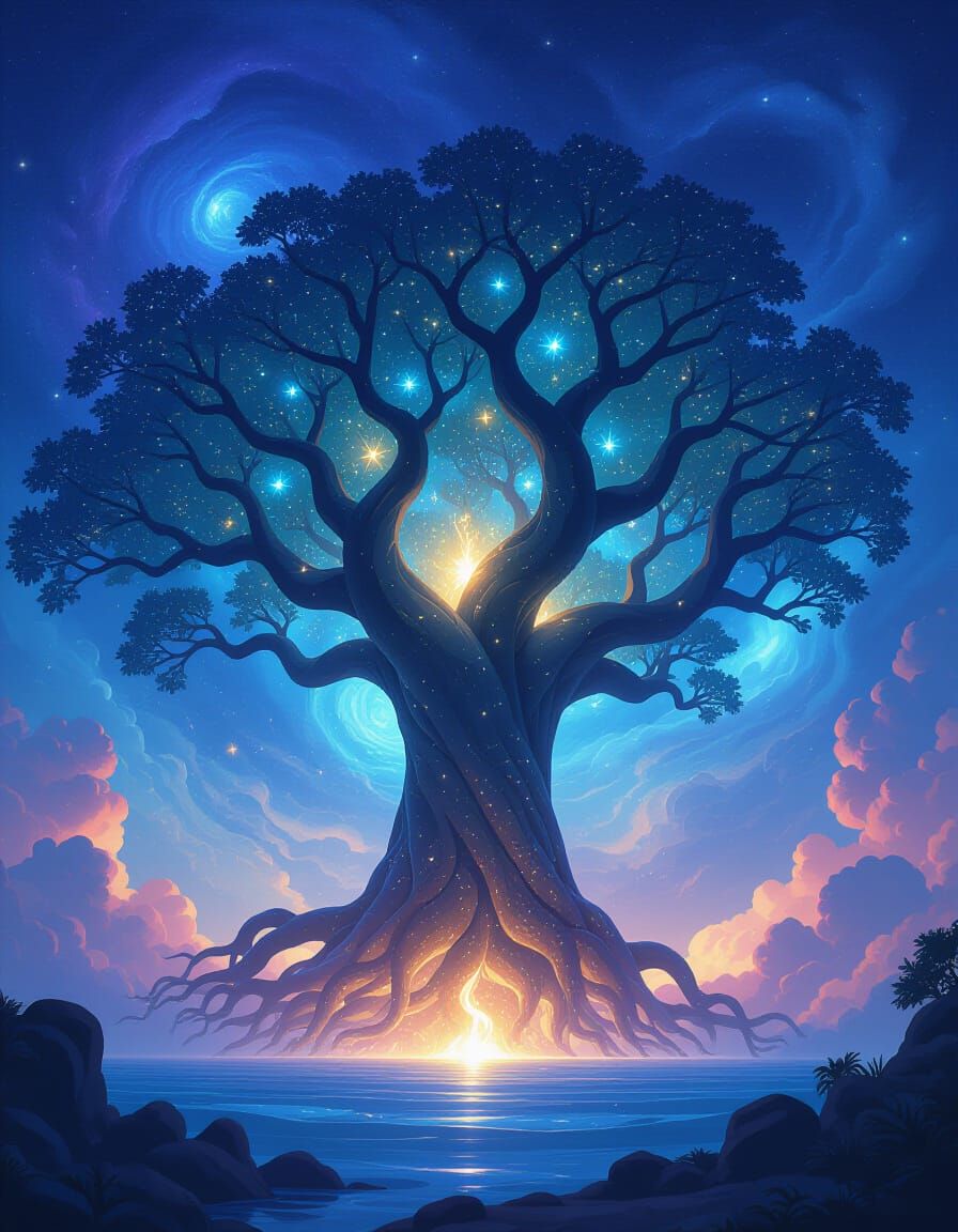 Ancient Starlight Tree in Cosmic Nebula