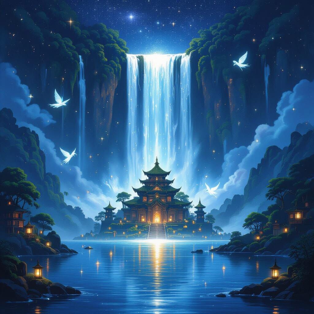 Celestial Waterfall Temple in Dreamy Style