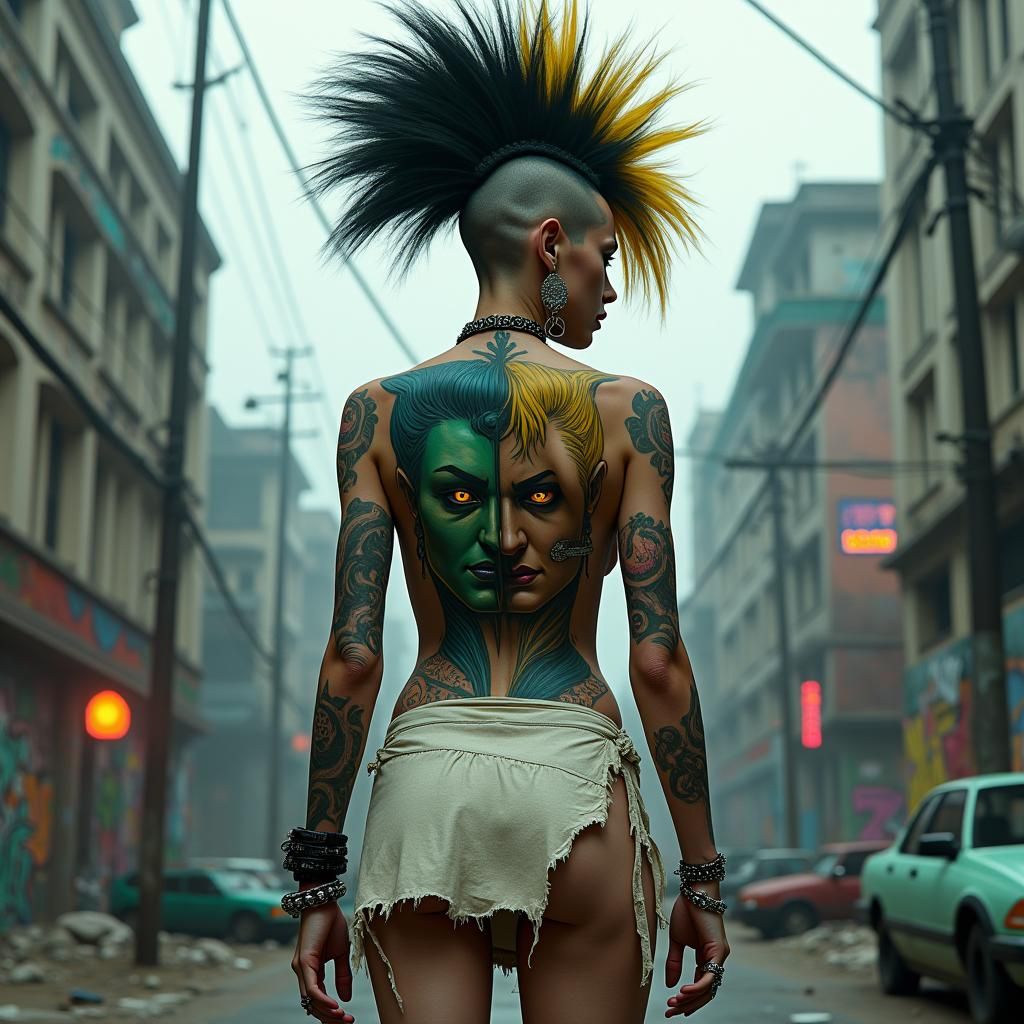 Cyberpunk Woman with Tattoos in Dystopian Cityscape
