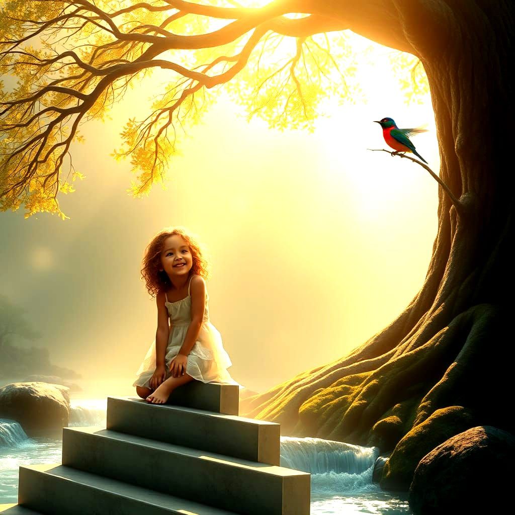 Serene Moça in Whimsical Landscape with Bird in Hyperrealist...