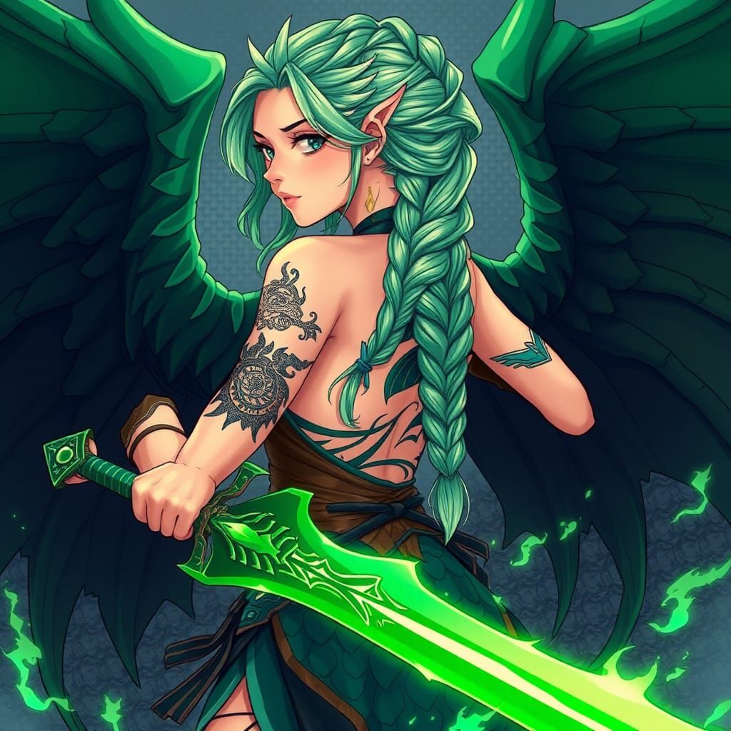 Dragon Girl with Green Hair in Anime Style