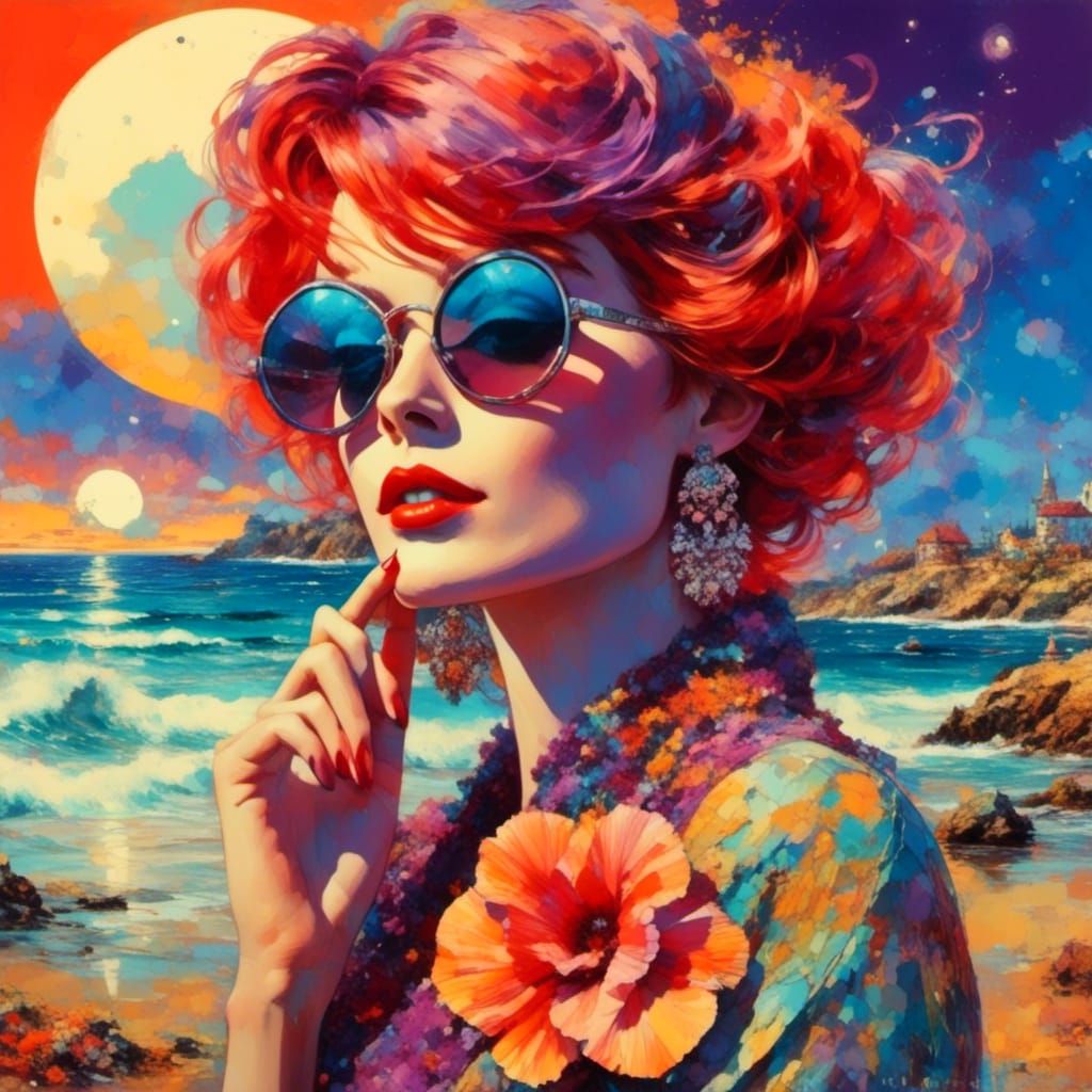 Retro Sixties Woman with Bioluminescent Waves