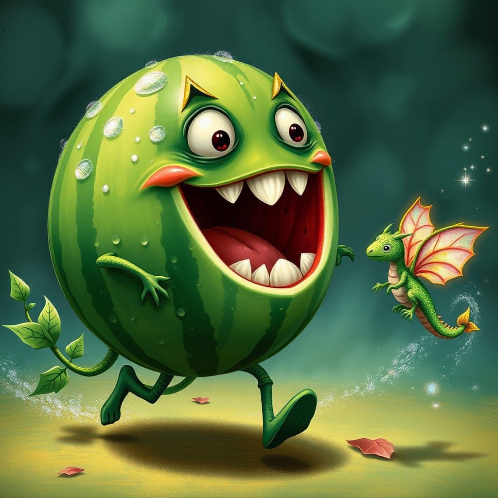 Watermelon Chases Tiny Dragon in Vibrant Whimsical Scene