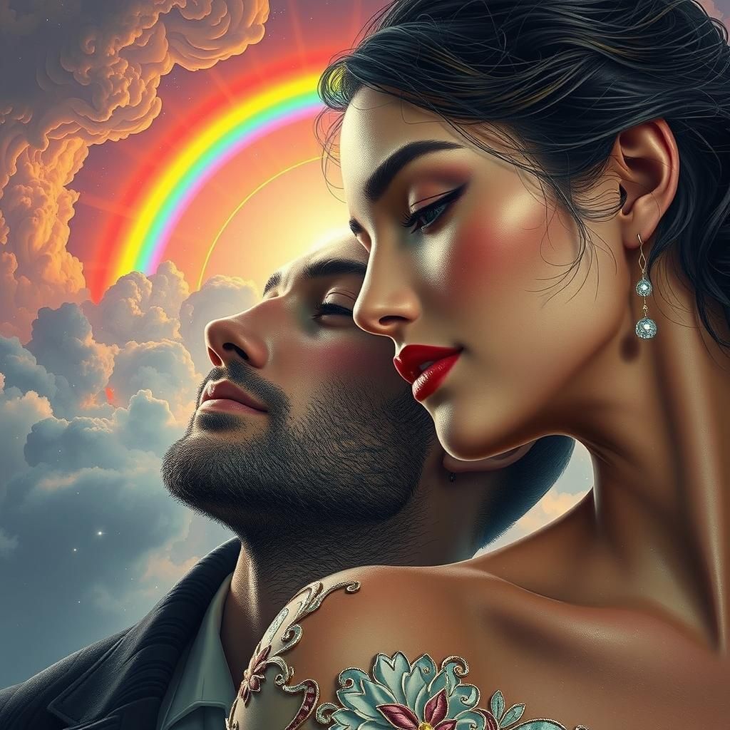 Romantic Couple Under Rainbow Bridge: Art Nouveau Style