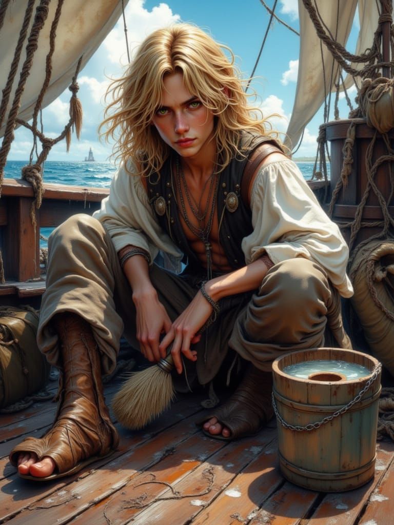 Young Pirate Scrubbing Ship Deck in Sunlight
