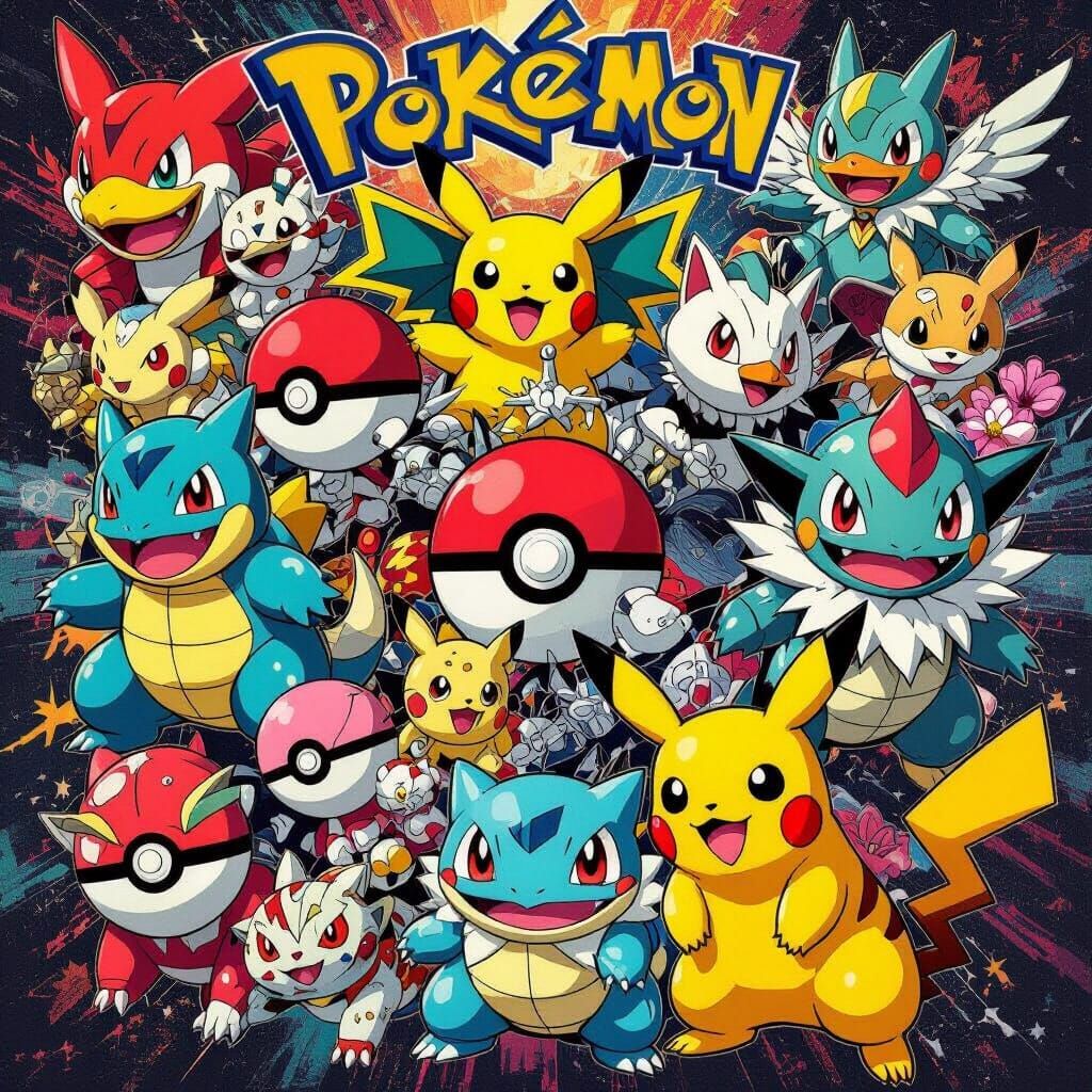 Dynamic Pokemon Collage in Digital Art Style