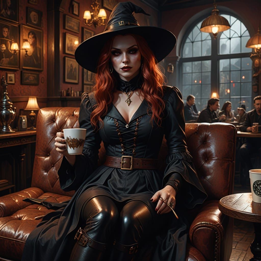 Red Haired Witch in Magic Coffee Shop - Cinematic Digital Ar...