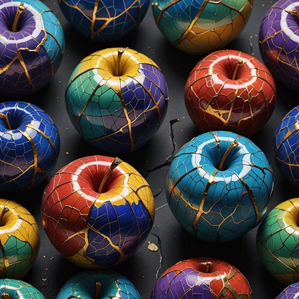 Vibrant Kintsugi Apple in Iridescent Oil Painting Style