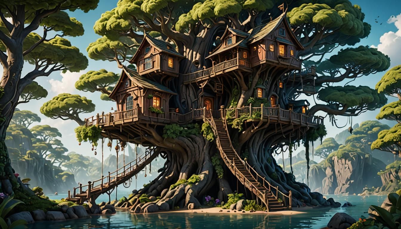 Fantasy Treehouse Island Concept Art in 8K