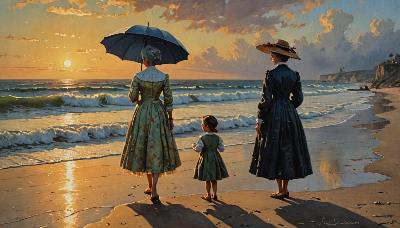 Girl with Umbrella on Beach at Sunset