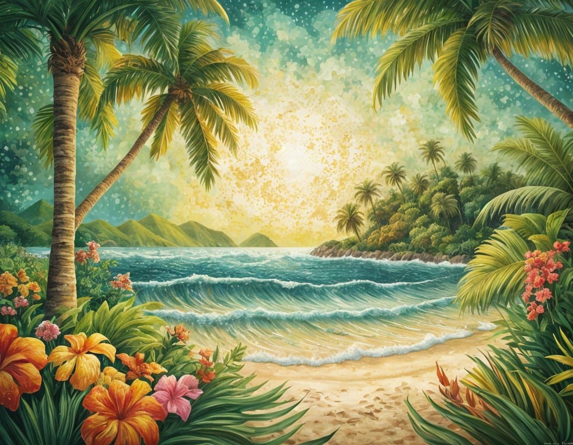 A dot art diamond style painting reminisent of Georges Seurat and van gough, of a tropical island folds creating a magic...