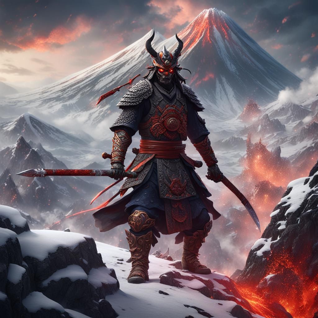 Samurai Demon Rising from Volcano: Detailed Matte Painting