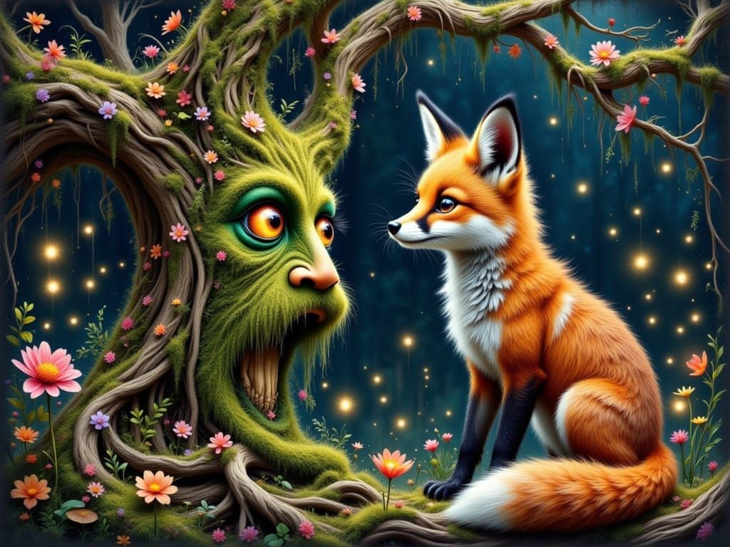 Whimsical Fantasy Fox Converses with Enchanted Tree