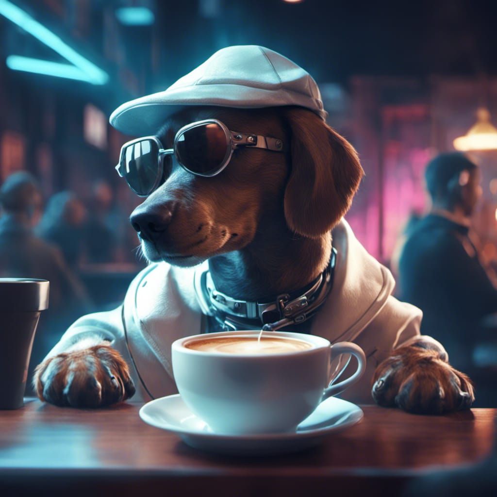 Cyberpunk Dog Enjoying Coffee in Animated Style