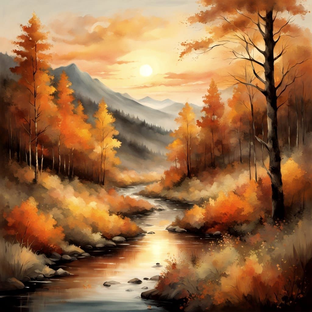 Autumn Sunset on a Mountain Stream