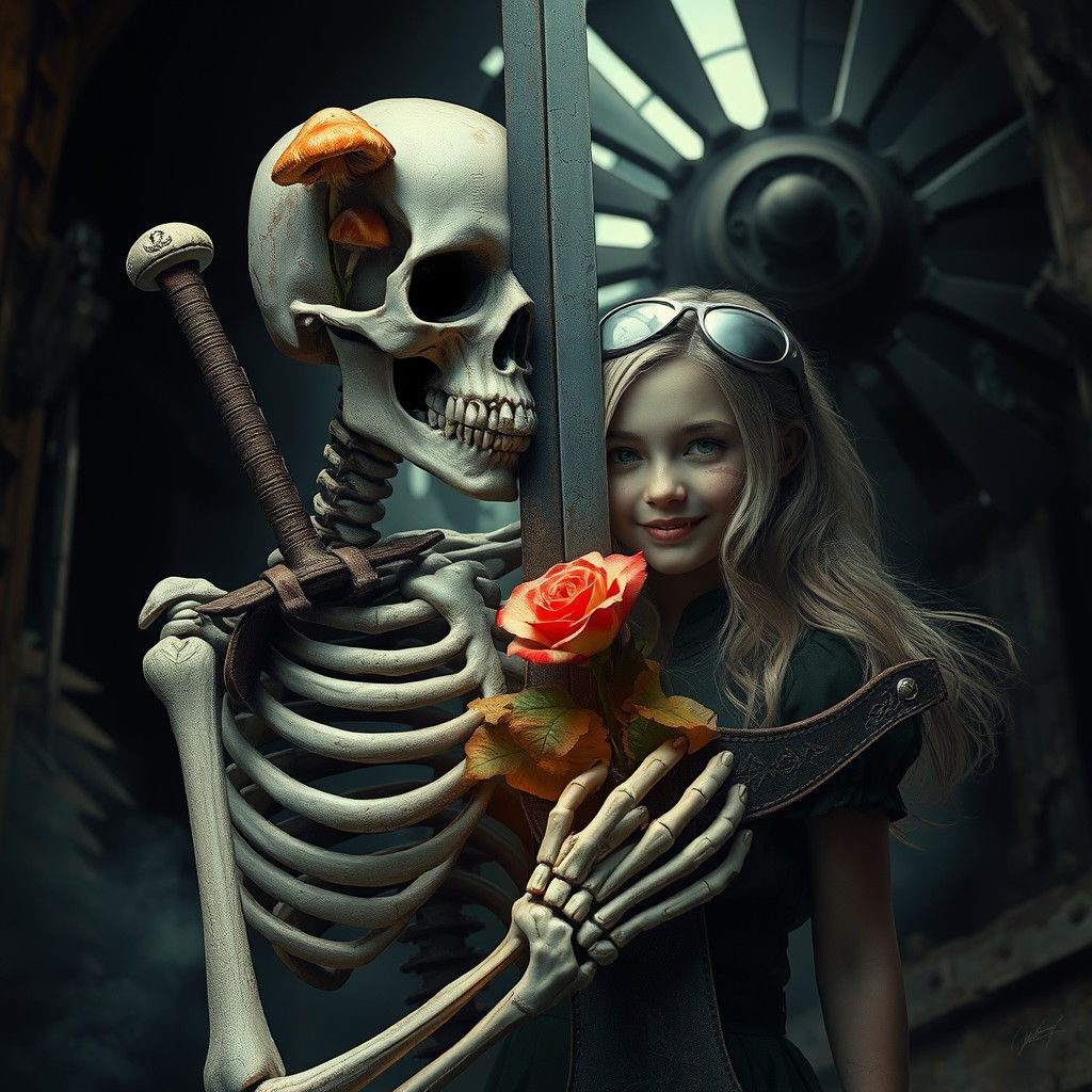 Skeleton with Mushrooms and Rose in Matte Painting Style