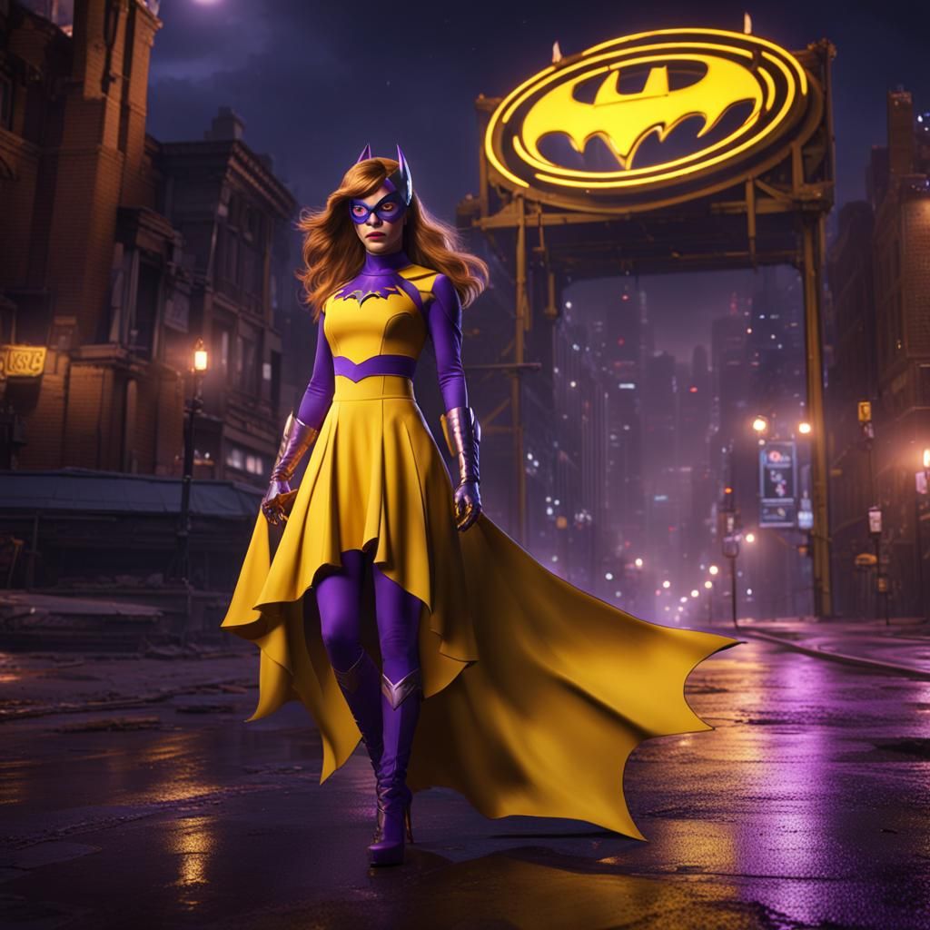 Batgirl in Yellow Dress, Kansas City Night, Detailed Matte P...
