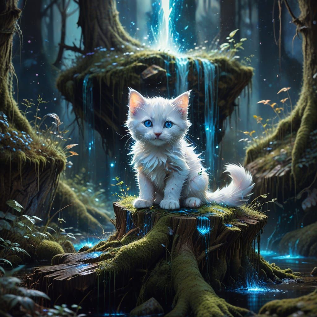 Enchanted Kitten in Bioluminescent Forest