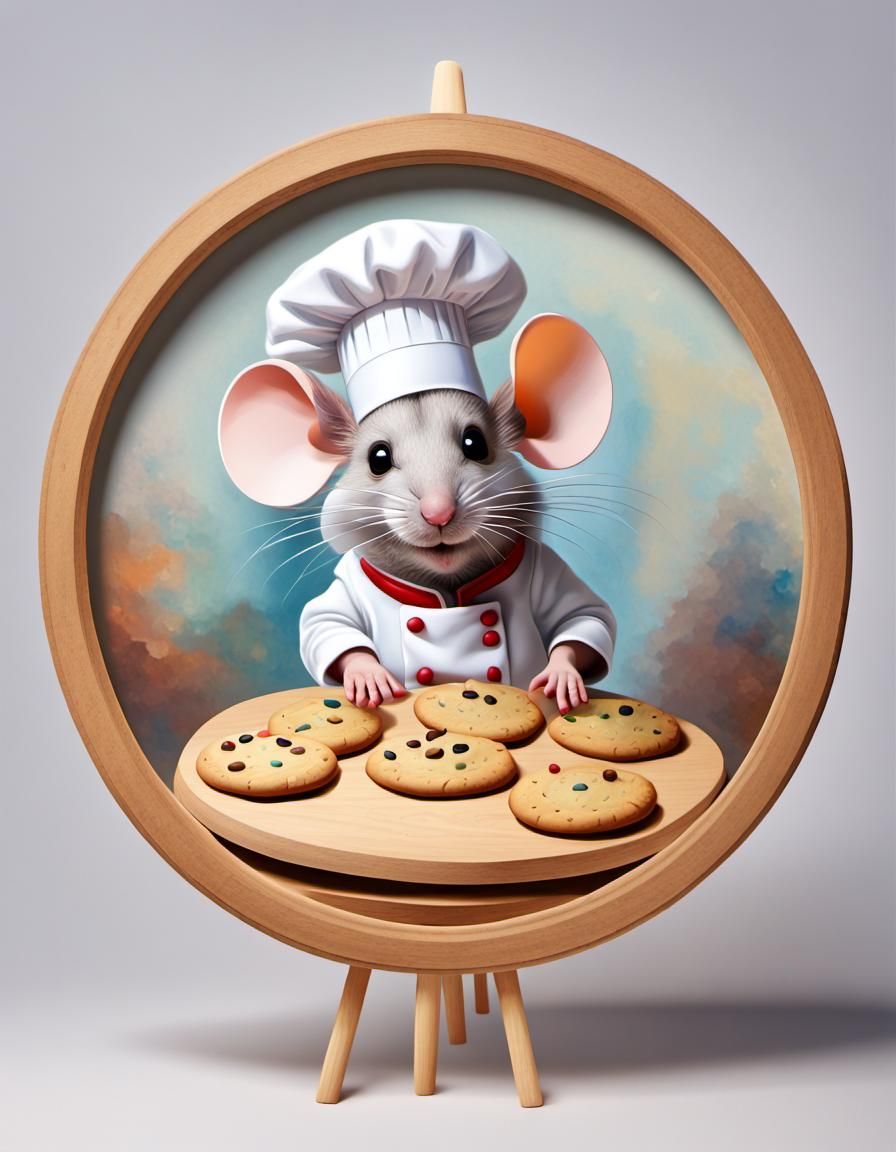 Mouse in Chef's Hat Prepares Cookies in a Whimsical Painting