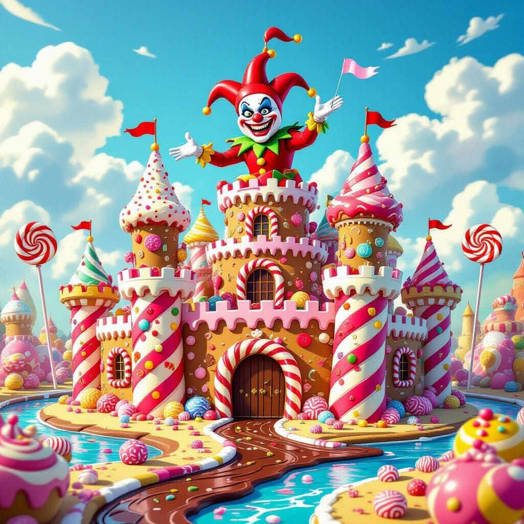Candy Fortress Ruled by Jester Villain in Cartoon Style