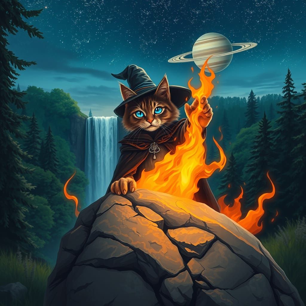 Mystical Feline Wizard Ignites Ember in Twilight Forest