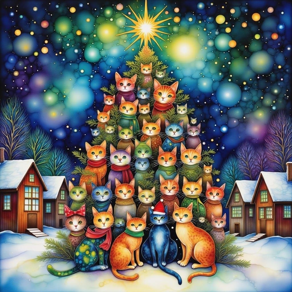 Cats Form Christmas Tree in Watercolor Alcohol Ink