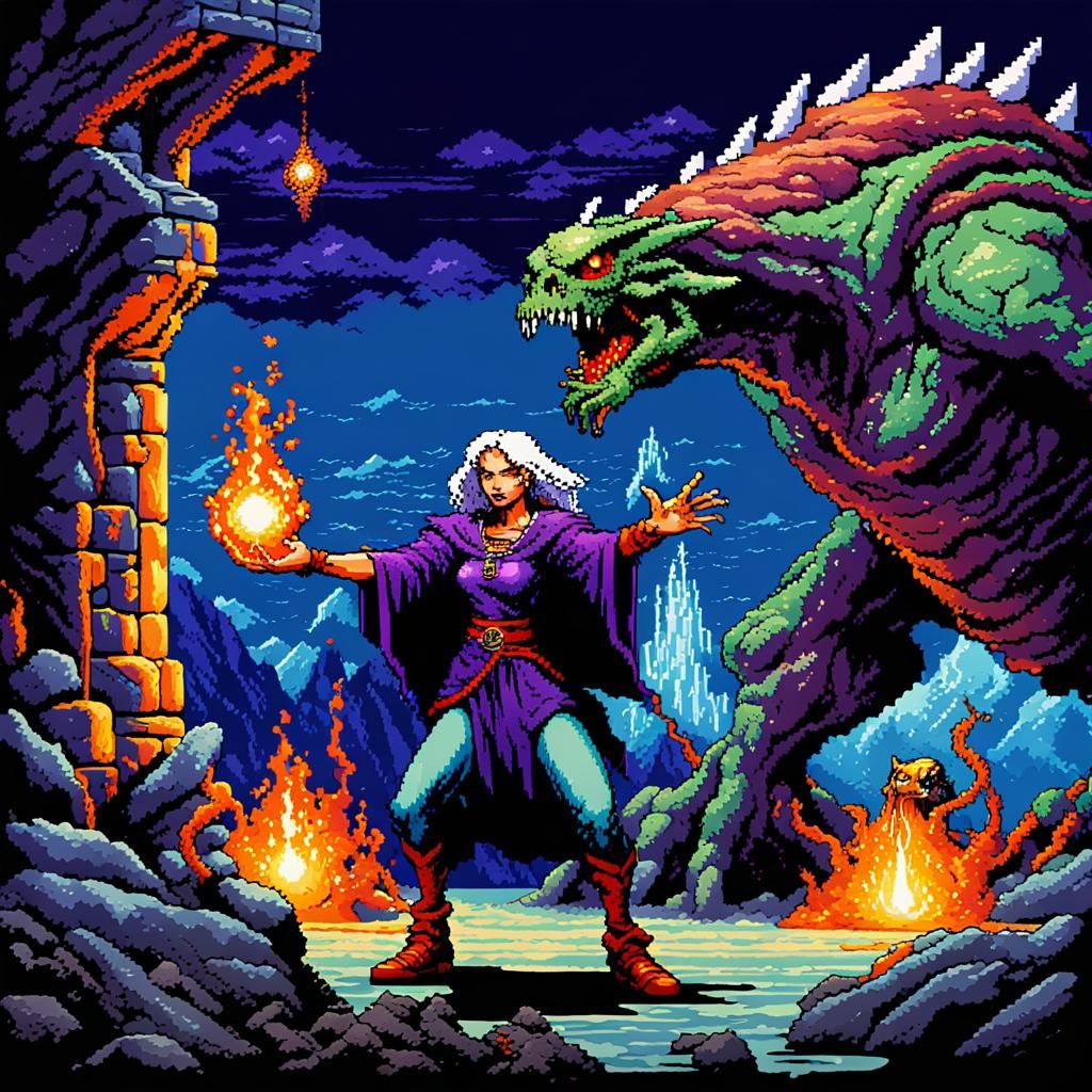16-bit JRPG Pixel Art: Sorceress vs. Rock Monster