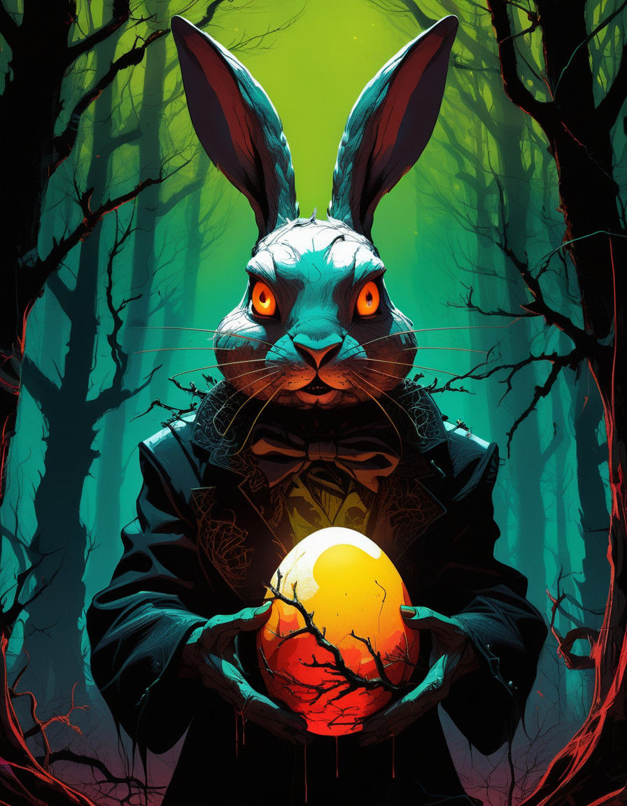 Majestic Demonic Easter Bunny in a Twisted, Neon-Lit Dada Ar...