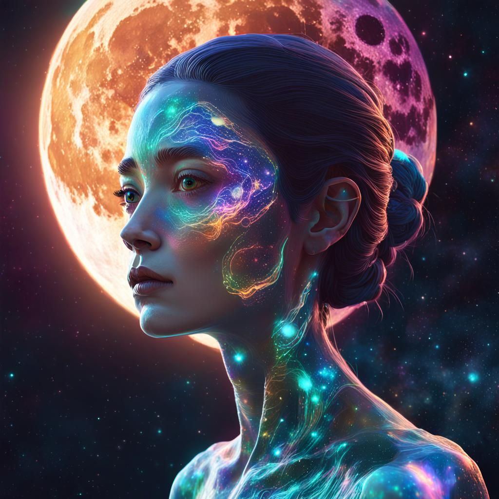 Ethereal Alien Woman Gazing at Moon in Cosmos