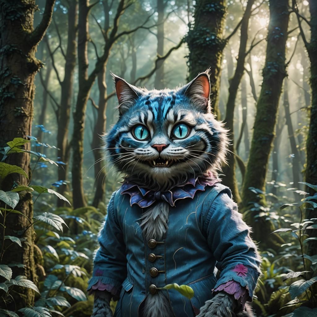 Alice's Cheshire Cat in Realistic Forest Photo