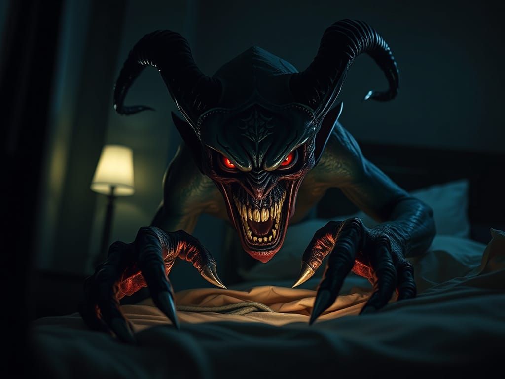 Menacing Demon Lurks from Behind Bed in Dark Room