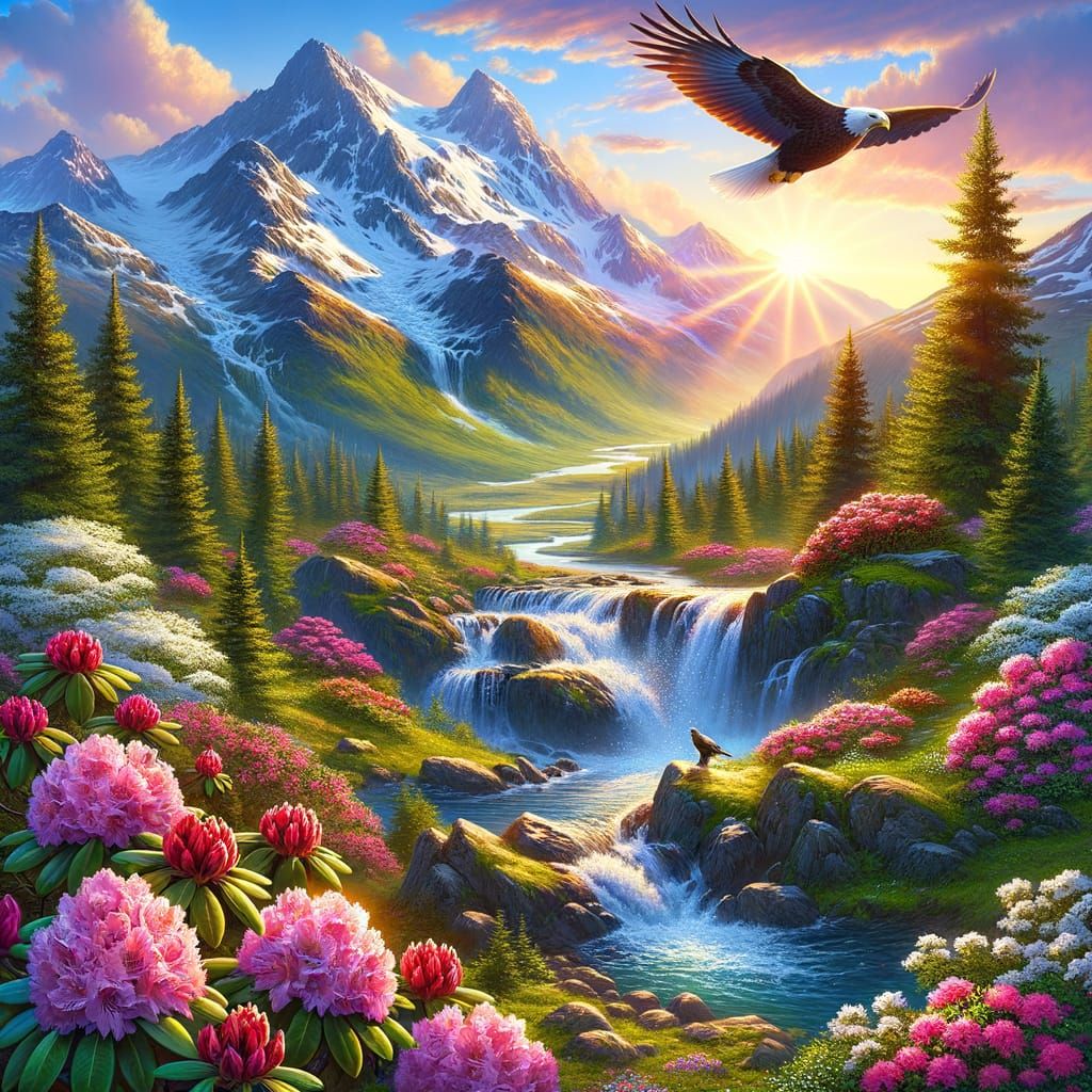 Breathtaking Mountain Scene with Rhododendrons in Sunset Glo...