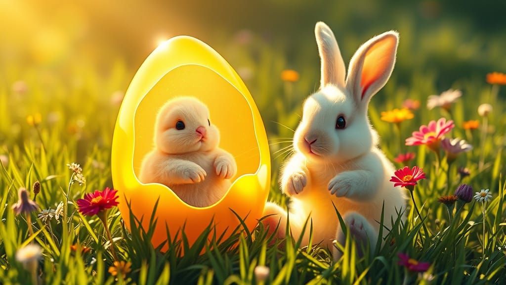 Glowing Easter Egg with Marshmallow Chick and Bunny in Whims...