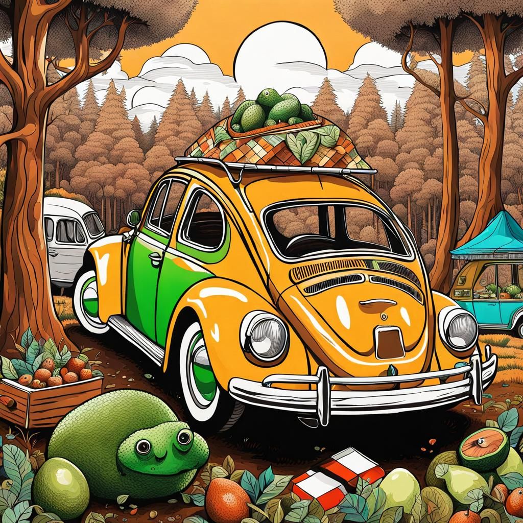 Avocado Creature and Beetle Picnic in Sunny Forest