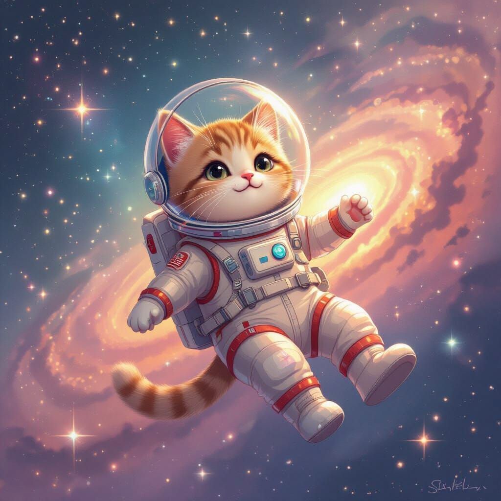 Cat Astronaut in Pastel Galaxy Dreamscape