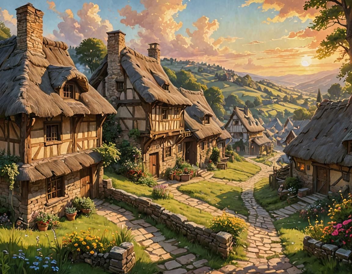 Ethereal Rustic Village Sunset in Acrylic Style