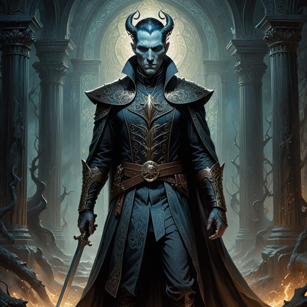 Mystical Warrior with Scimitar, in Dark Fantasy Watercolor S...