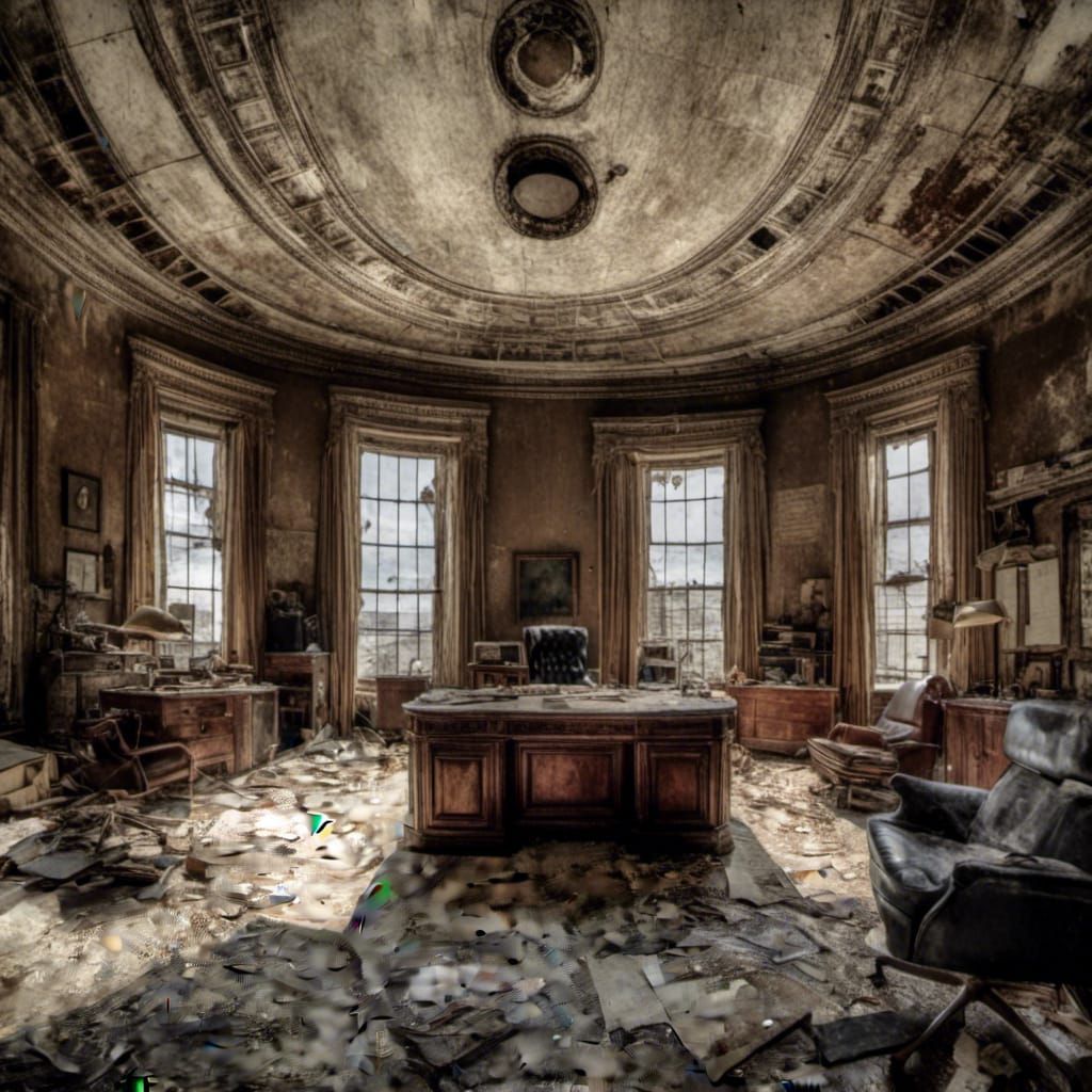 Post-Apocalyptic Oval Office with Skeleton in Cyberpunk Styl...