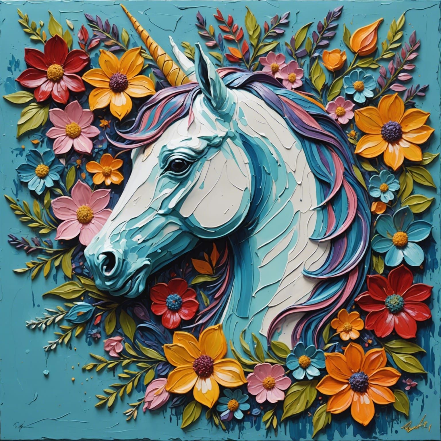 Floral Unicorn Head Impasto Painting