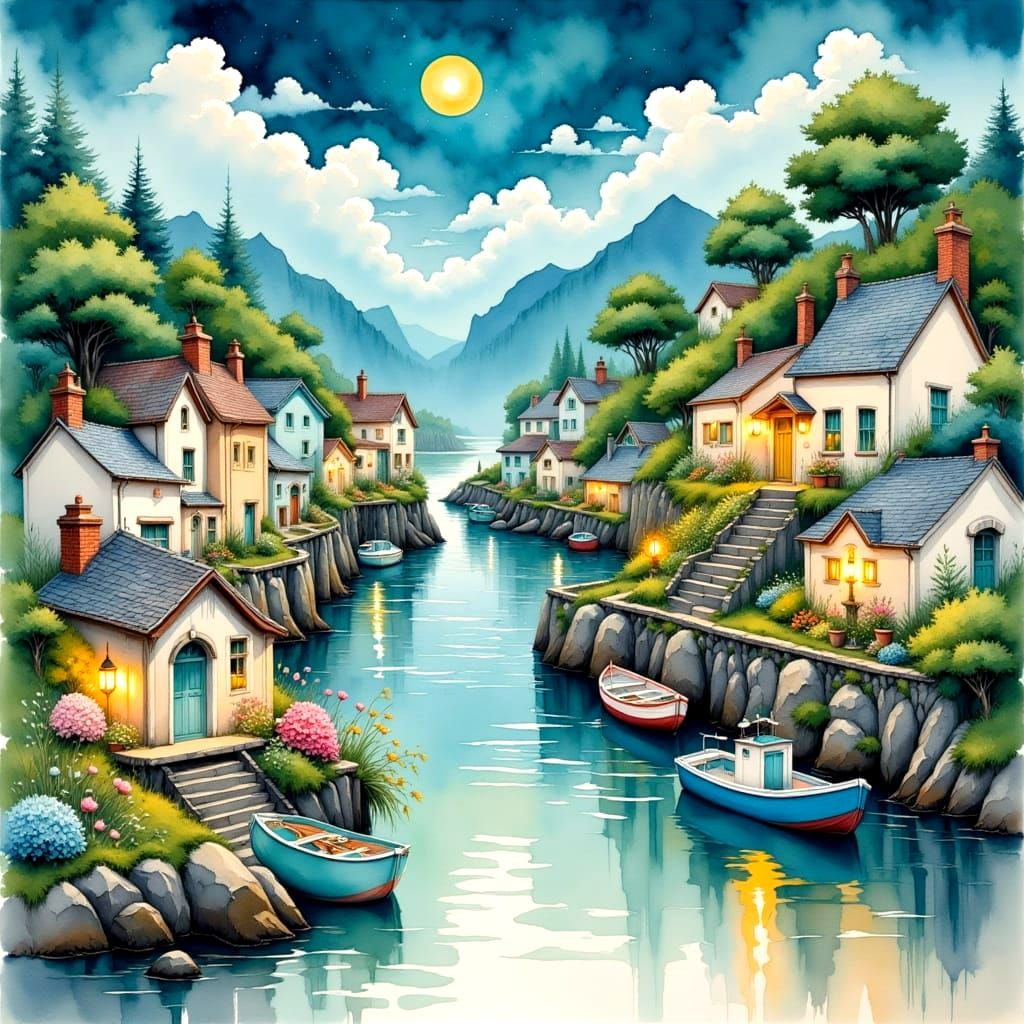 Enchanted Fishing Village in Pastel Watercolor