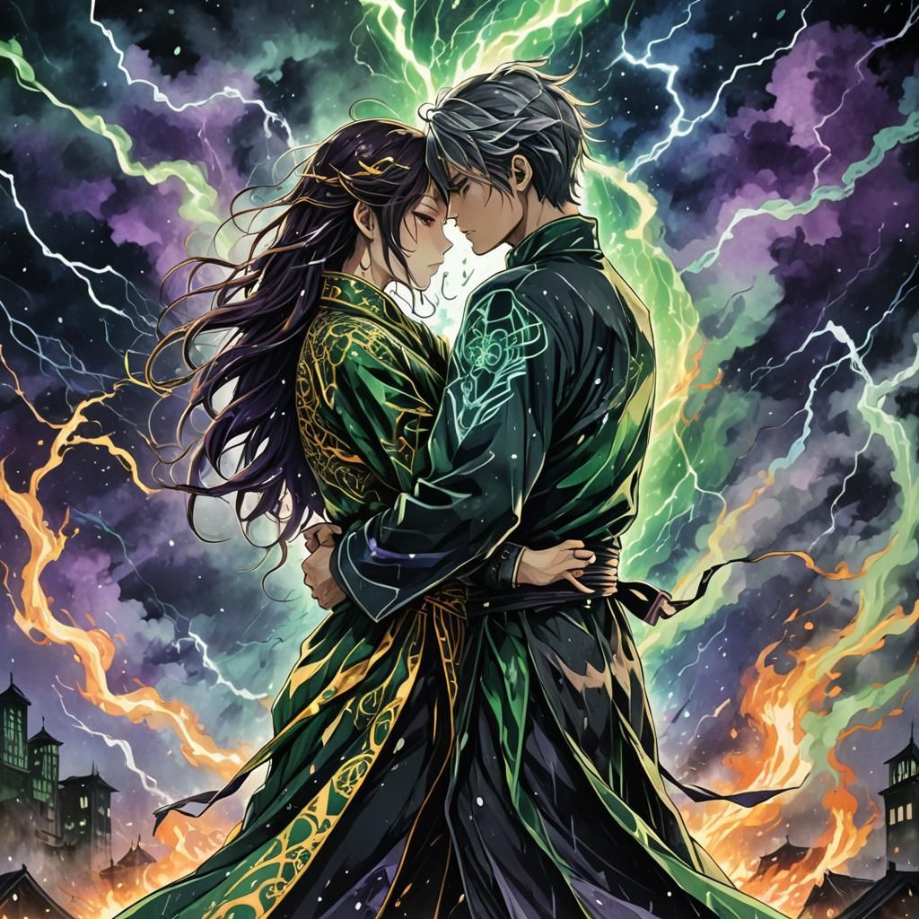 Dark Fantasy Anime Couple in Urban Street Art Style