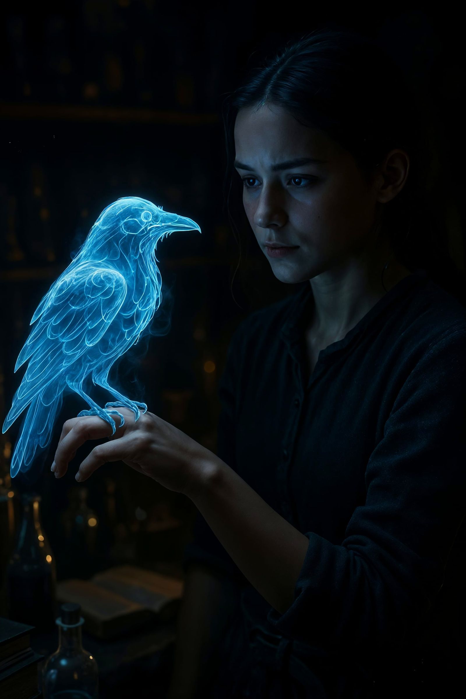 Alchemist Girl with Magical Raven in Laboratory