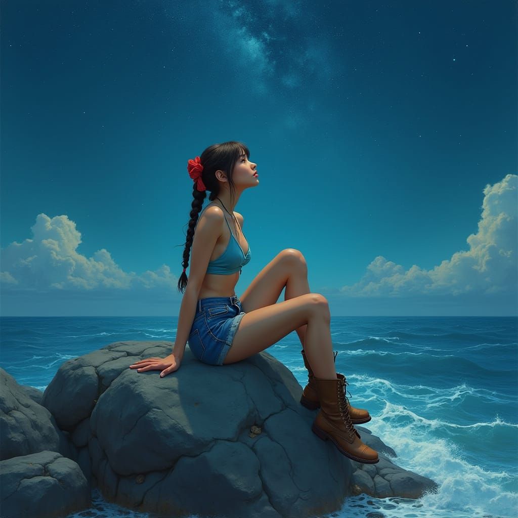 Contemplative Girl Gazes at Starry Night Sky by the Sea