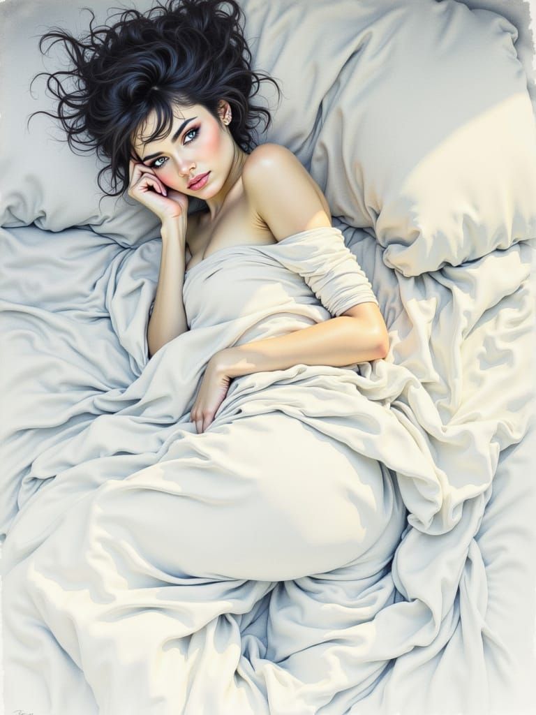 Watercolor Woman in Bed with Direct Eye Contact